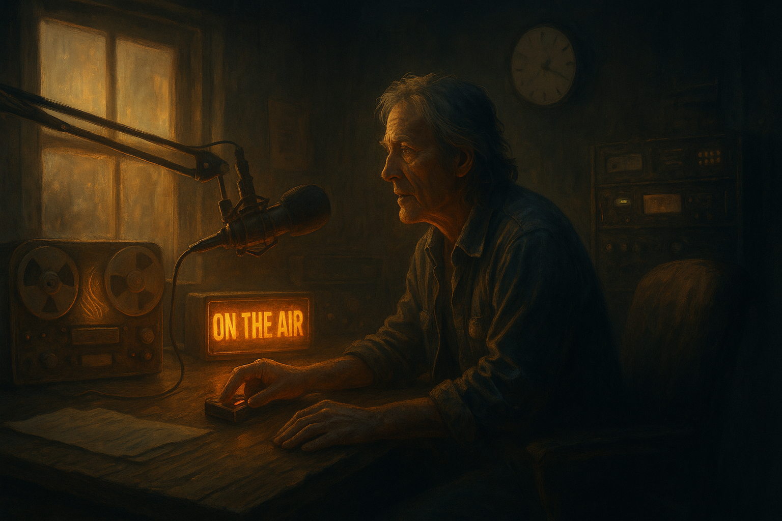 Late-night radio host in a warm vintage studio