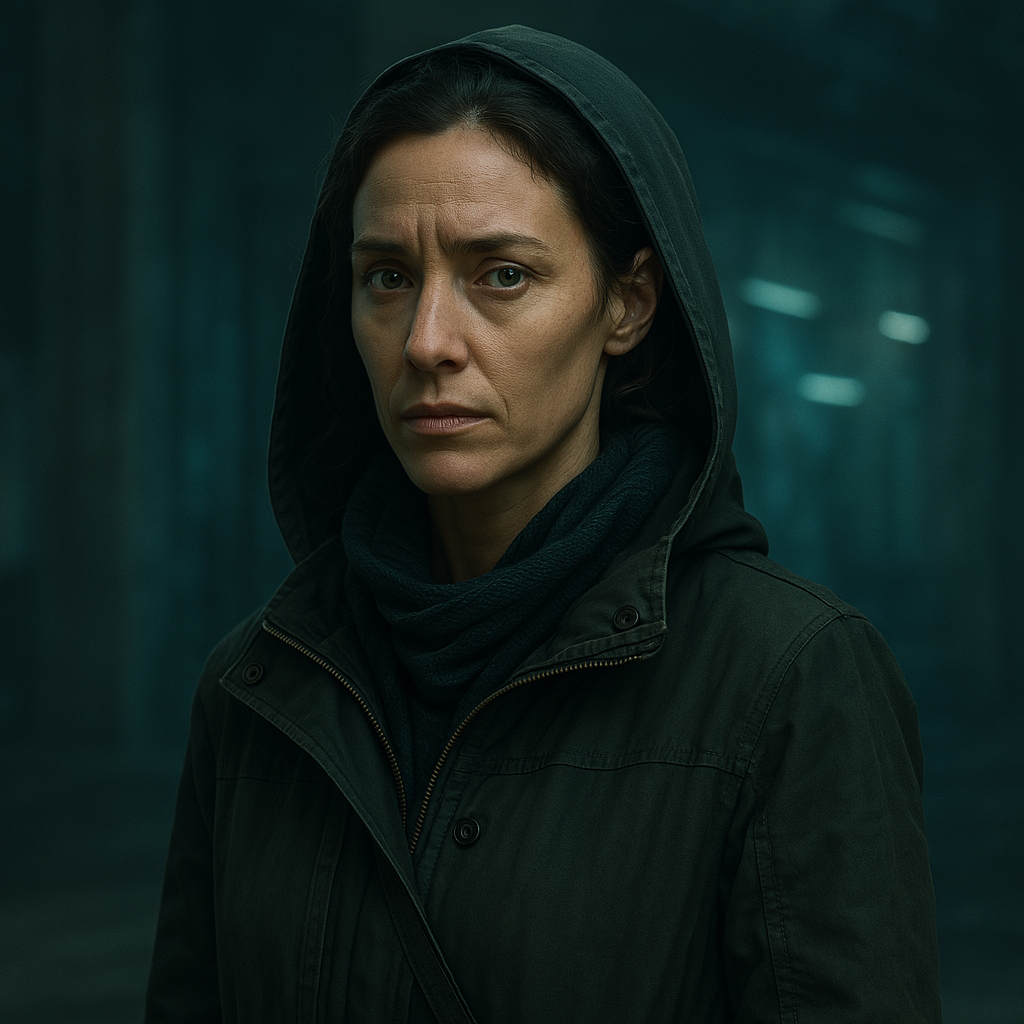 Cinematic portrait of a woman in a dark hood