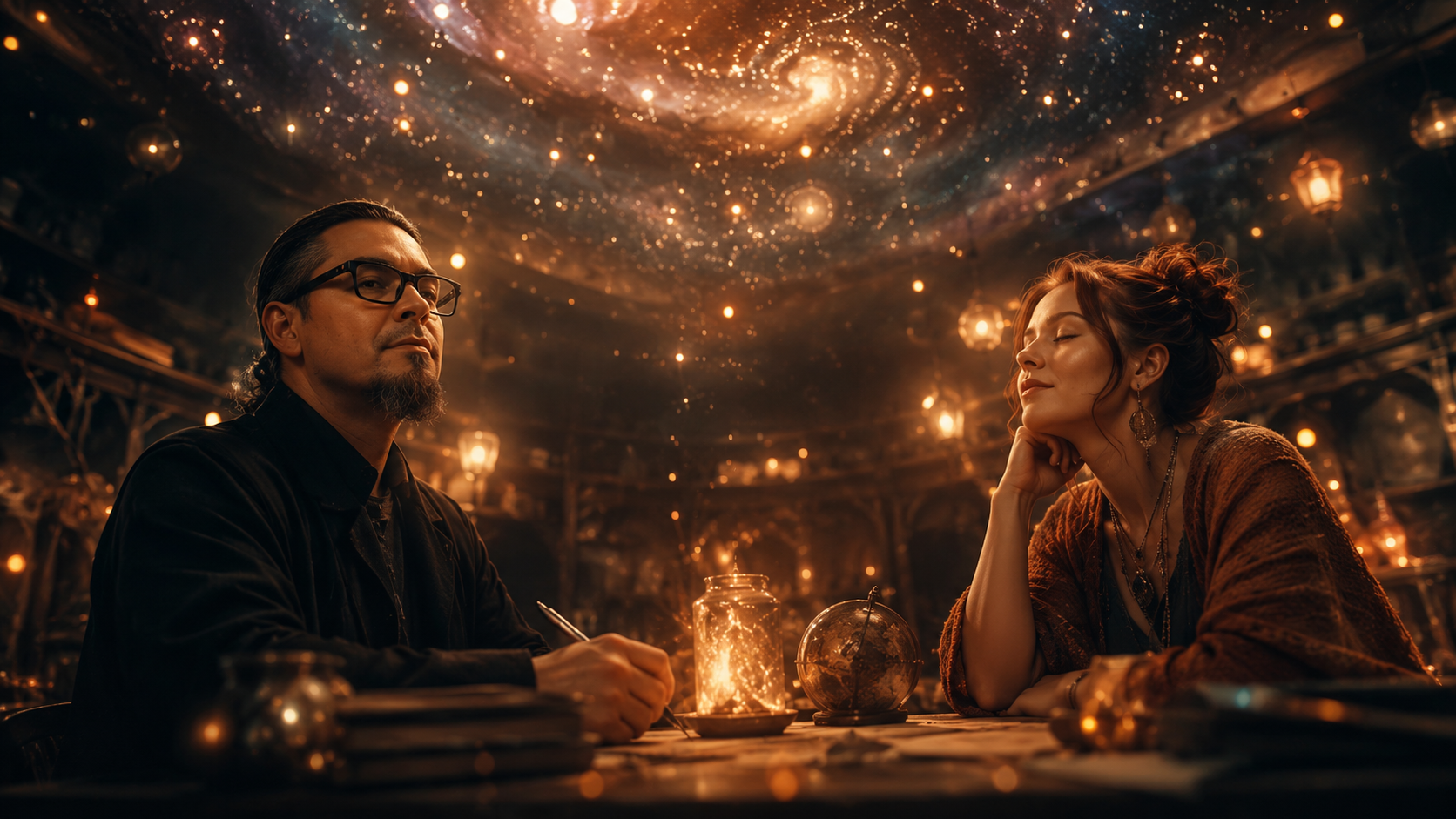Two people beneath a glowing celestial ceiling