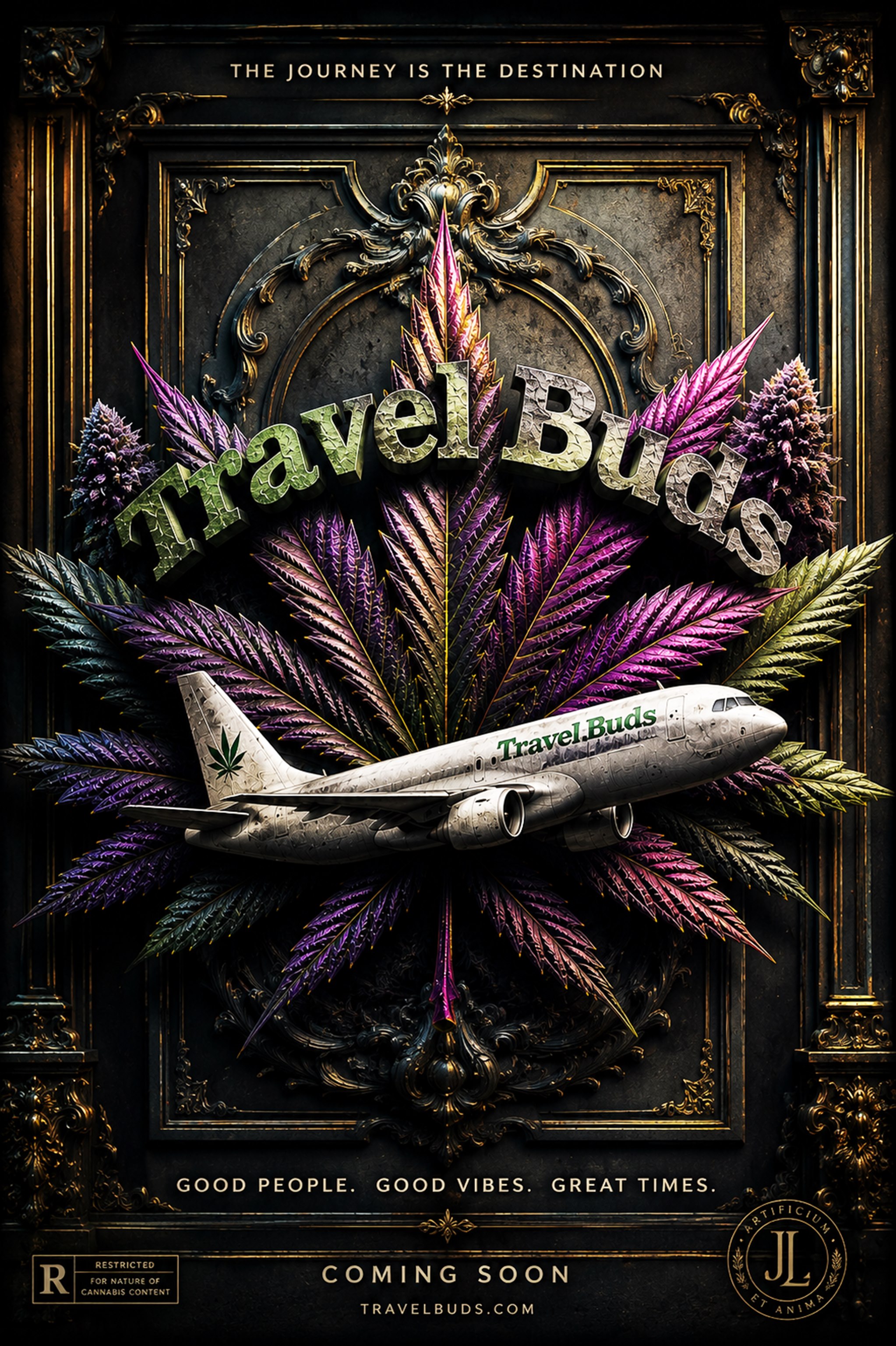 Travel Buds cinematic poster featuring a passenger jet crossing colorful cannabis leaves within an ornate antique-gold frame